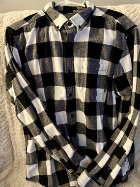 Eddie Bauer Men's Black and White Plaid Flannel Shirt